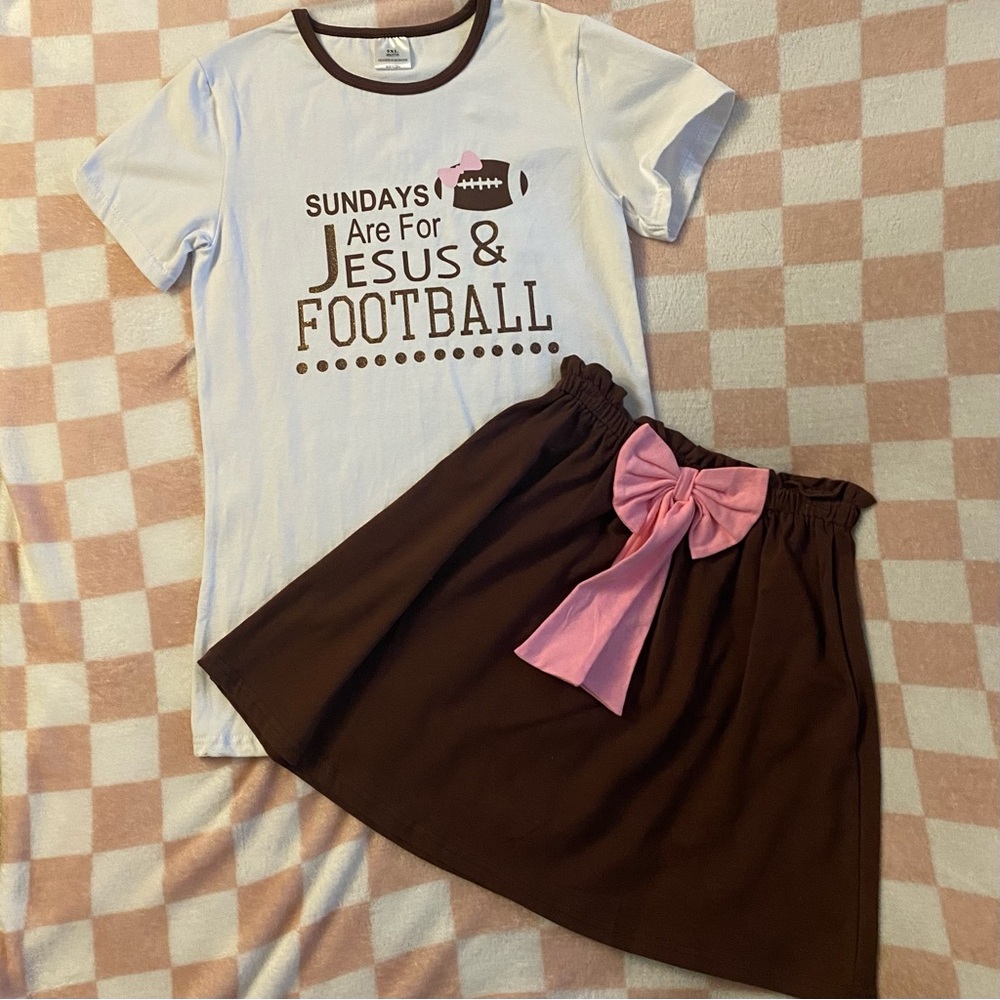 Boutique 2pc Set White Graphic Tee and Brown Skirt, Football, Girl sz 5XL(10-12)